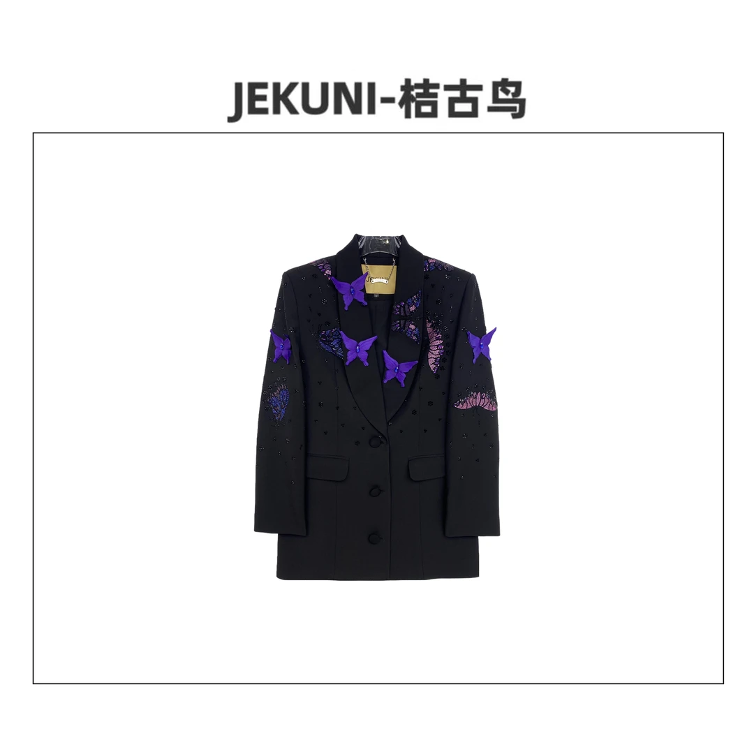 JEKUNI/桔古鸟【扣人心弦】黑粉钻紫色蝴蝶高定时尚设计师西装外套