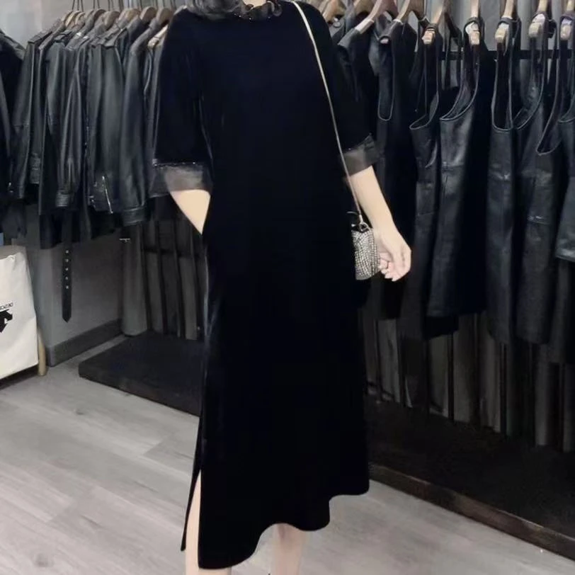 【峰姐优品】气质花边领丝绒直筒长裙【NY】151