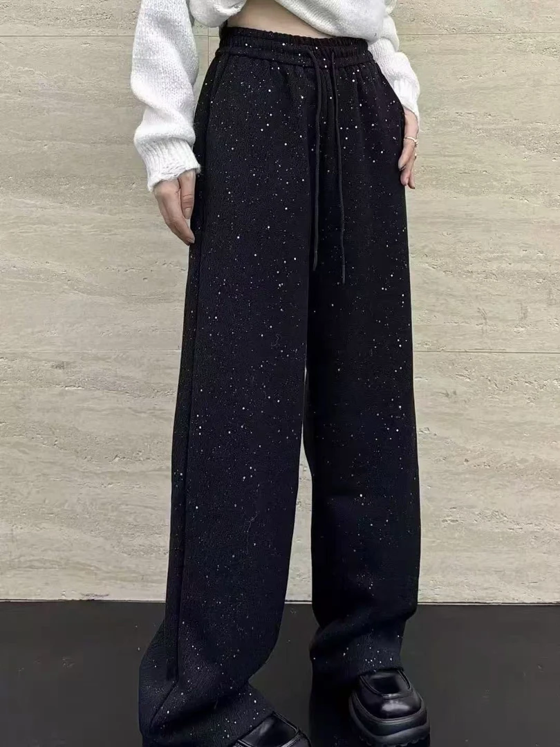 恒鑫安亮片满天星直筒垂感阔腿休闲裤-6523