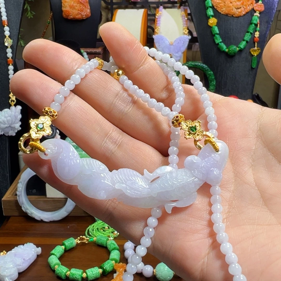 翡翠未镶嵌毛衣链冰紫锦鲤