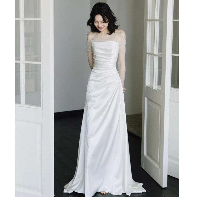 一字肩轻婚纱简约旅拍白色显瘦高级感新娘结婚超仙迎宾出门纱礼服