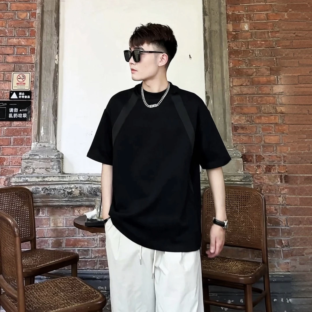 《刘雯雯专属》夏季新款线条感小众设计款简约情侣圆领男女同款短袖