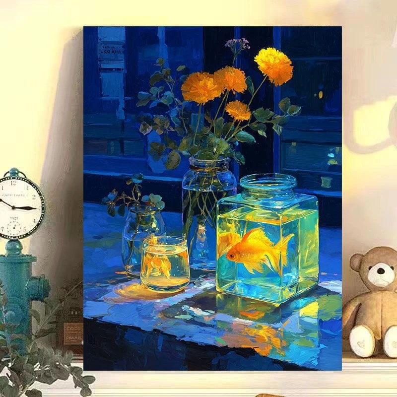 花瓶与金鱼系列手工填充diy解压挂墙填色涂色照片定制数字高2025