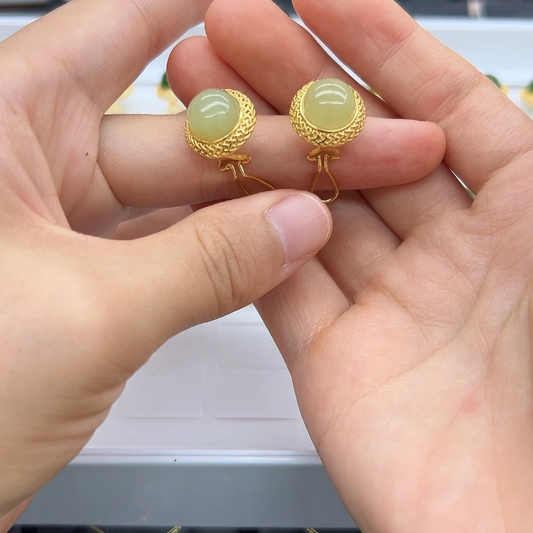 银S925镶嵌和田玉耳饰旖***木