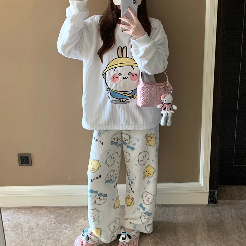 冬季保暖米粒绒睡衣家居服套装学院风卡通印花少女韩版可外穿女潮