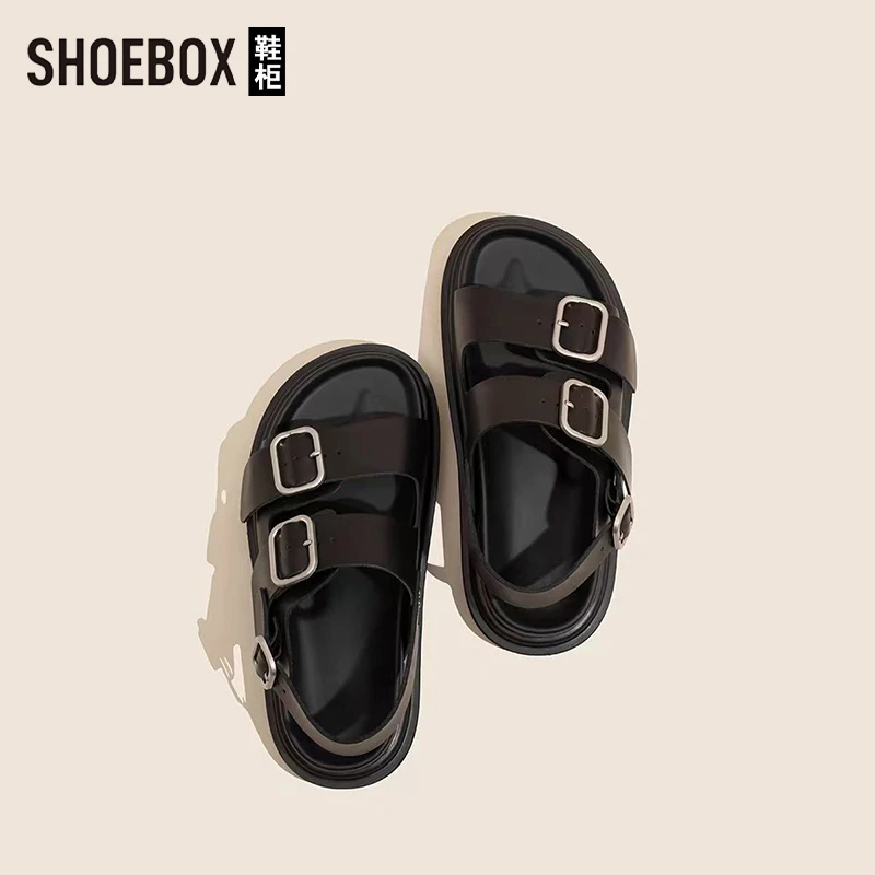 SHOEBOX鞋柜皮面百搭一字扣凉鞋女2025夏新款外穿平底罗马鞋女