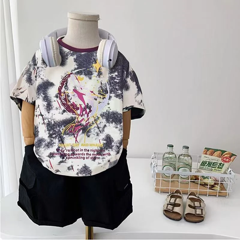 男童夏装2025新款儿童彩色扎染短袖T恤中小童圆领印花半袖体恤衫