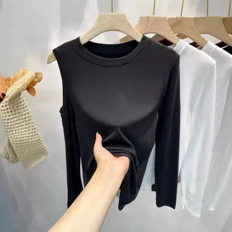 露肩长袖恤女春秋韩版新款学生内搭纯色外穿上衣体恤打底衫2016