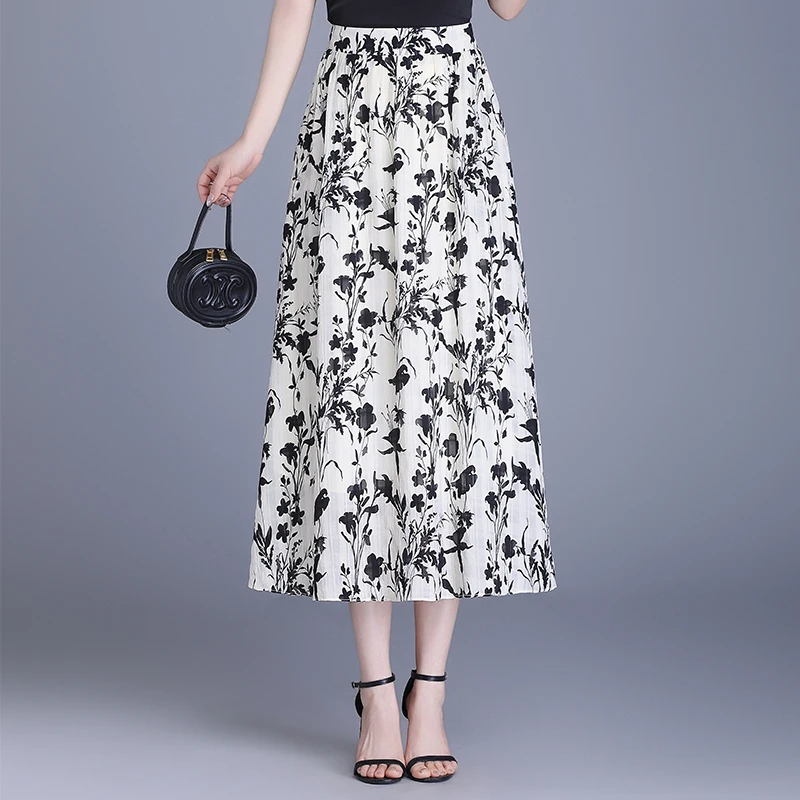 拉夏贝尔时尚a字大摆裙子高腰2025年春秋新款气质碎花雪纺半身裙