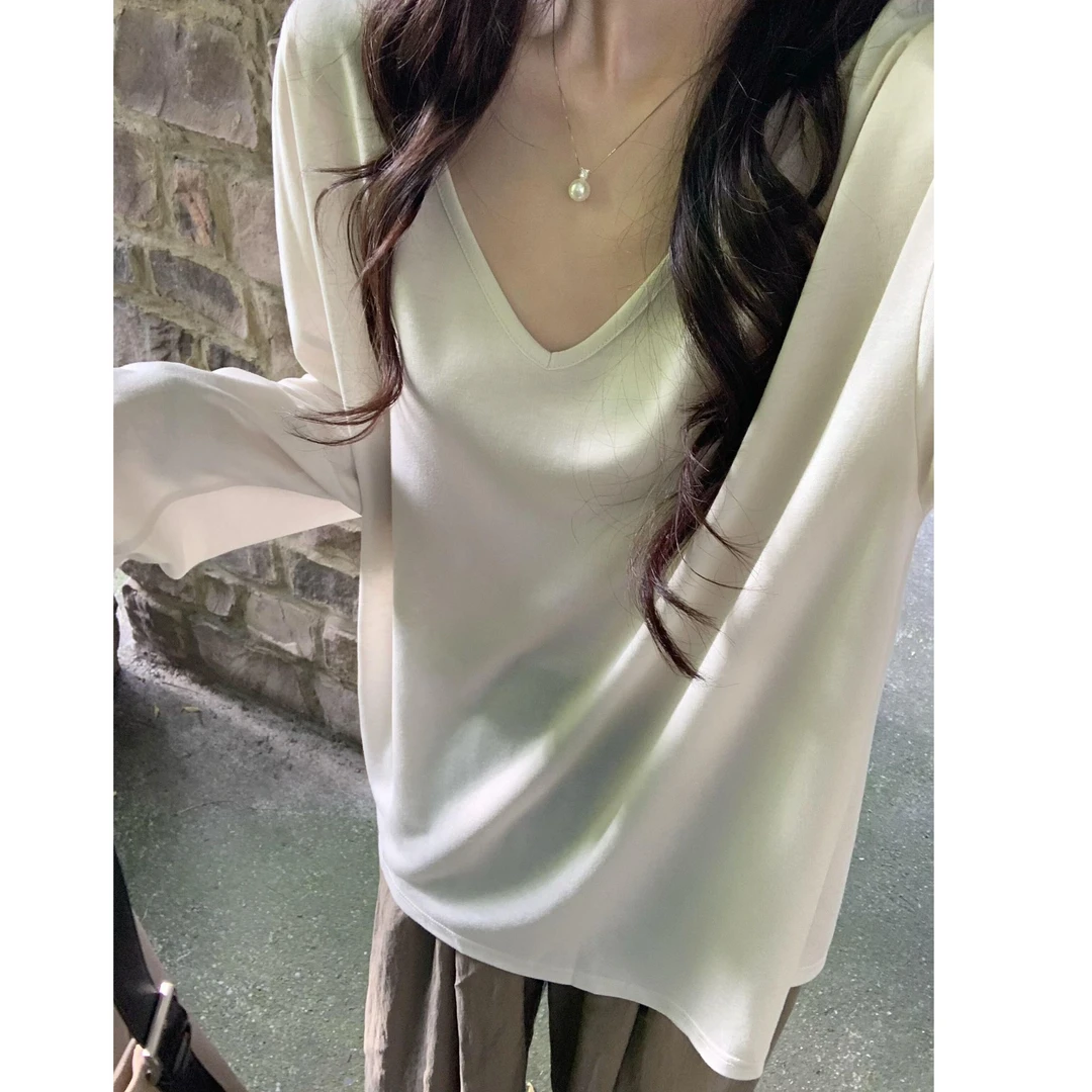 韩系慵懒风V领长袖T恤女夏天薄款防晒罩衫松弛感宽松休闲气质套装