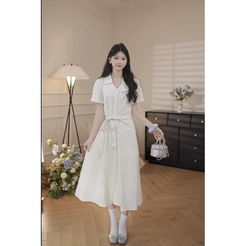 鹿向南「波恩画报」法式气质女夏季新款日常通勤波点绑带连衣裙