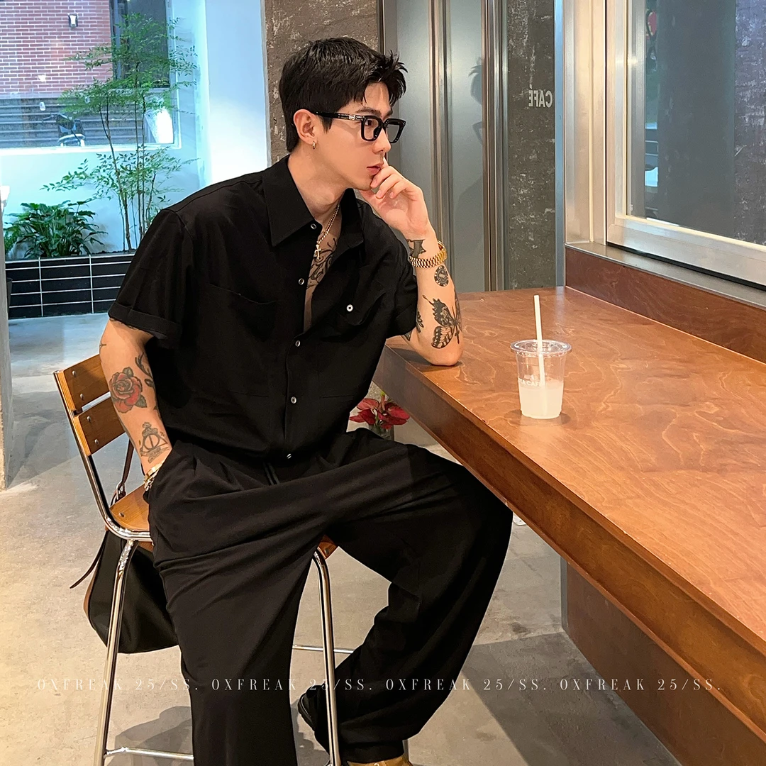 OXFREAK「老钱风 双口袋 」冰丝黑色短袖衬衫男宽松垂感廓形衬衣