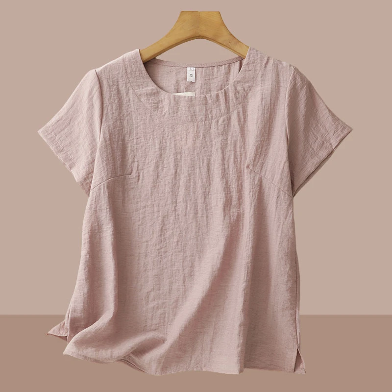 2025年新款女装夏季薄款法国亚麻圆领套头衬衫短袖T恤小香风上衣