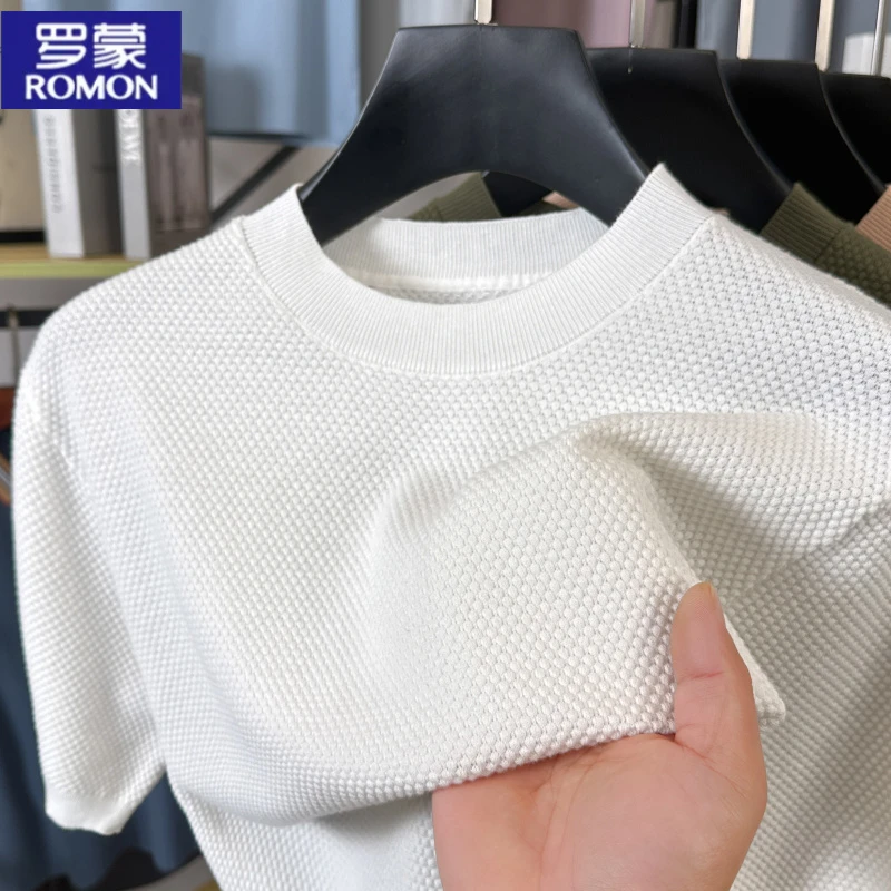 罗蒙品牌夏季新款进口纱线菠萝针短袖T恤打底衫休闲美式短袖t恤男