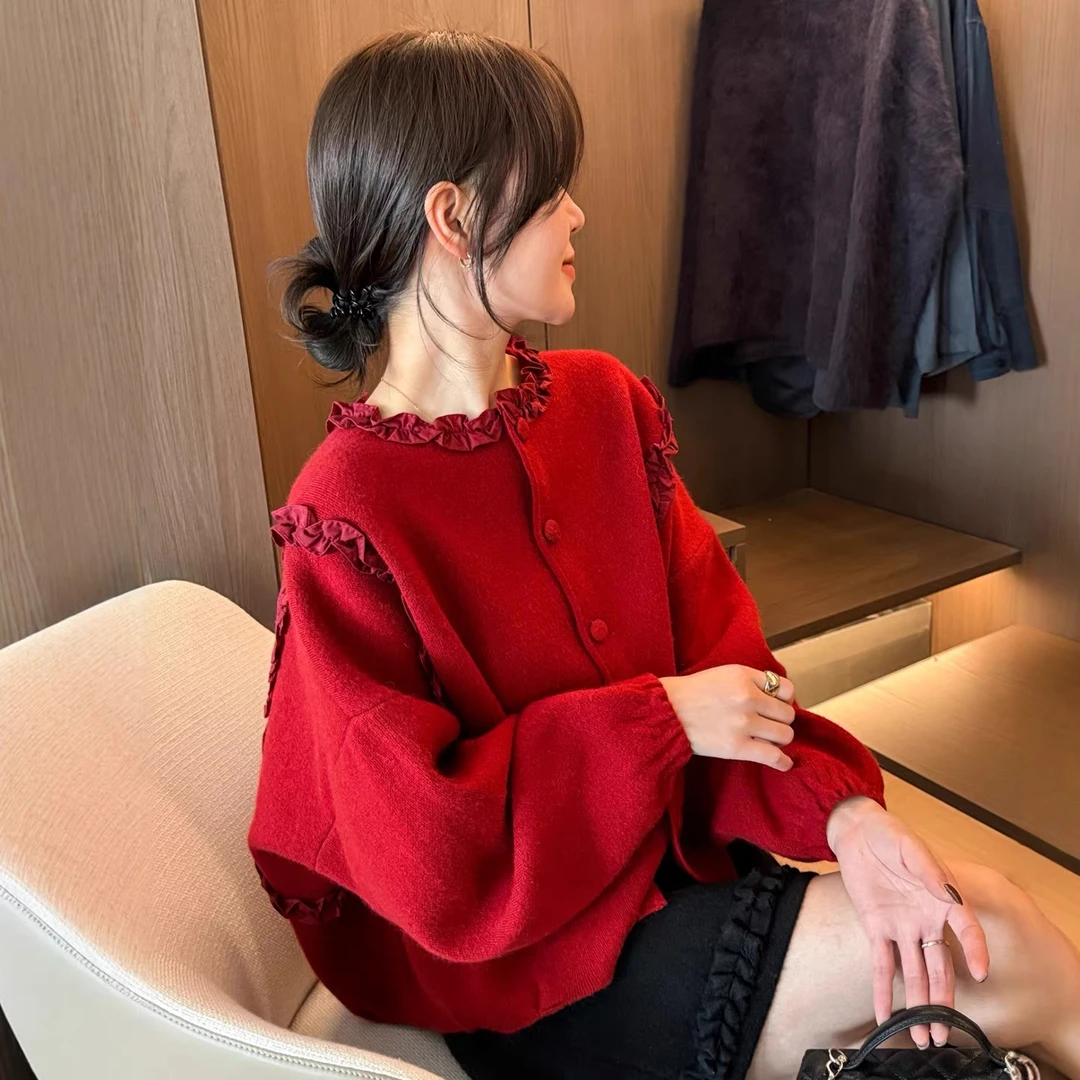 MEIZHENZI【虞美人】绵羊毛+兔毛|冬装木耳边针织开衫女毛衣厚外套