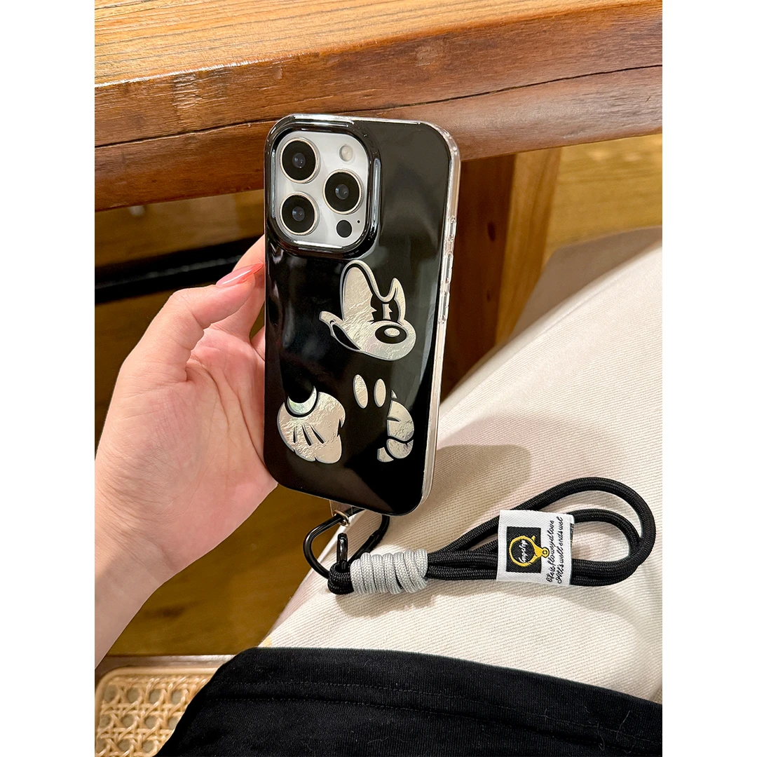 适用苹果16手机壳iPhone15/14promax卡通黑底镭射米奇手机保护壳
