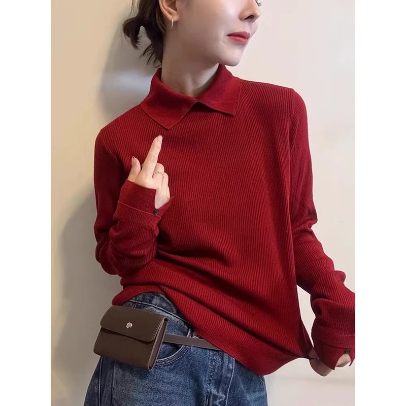 欧洲站2025秋季洋气小翻领纽扣开叉设计感纯色长袖螺纹针织衫上衣