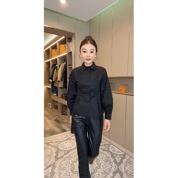 欧货设计感干练温柔收腰显瘦翻领重工串珠长袖衬衫上衣时尚百搭