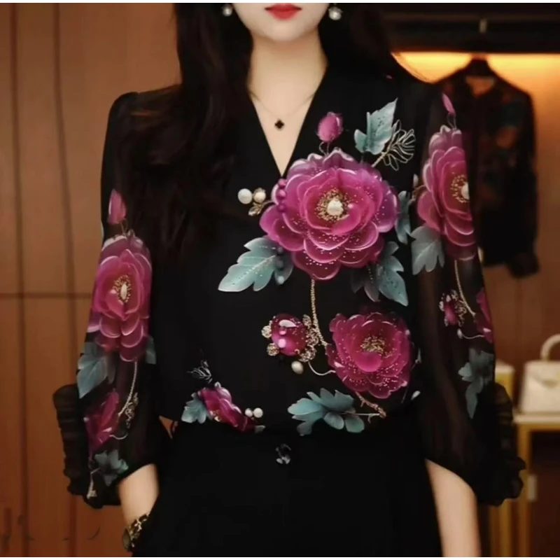 【红牡丹】新款高端定位印花七分袖V领显瘦小衫气质百搭女衬衣