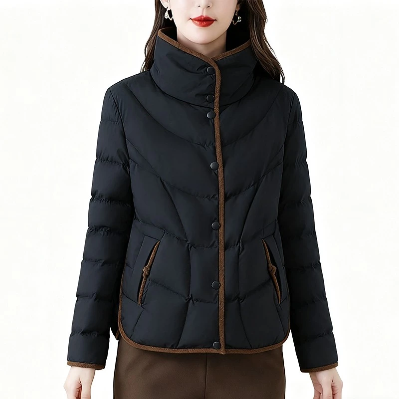 冬装单排扣小个子妈妈轻薄款短款立领棉服