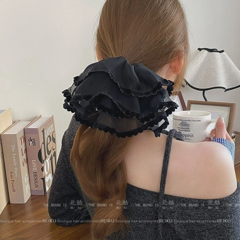 氛围感雪纺轻纱大肠圈黑色绒边双层超大头花头绳甜美芭蕾风发绳女