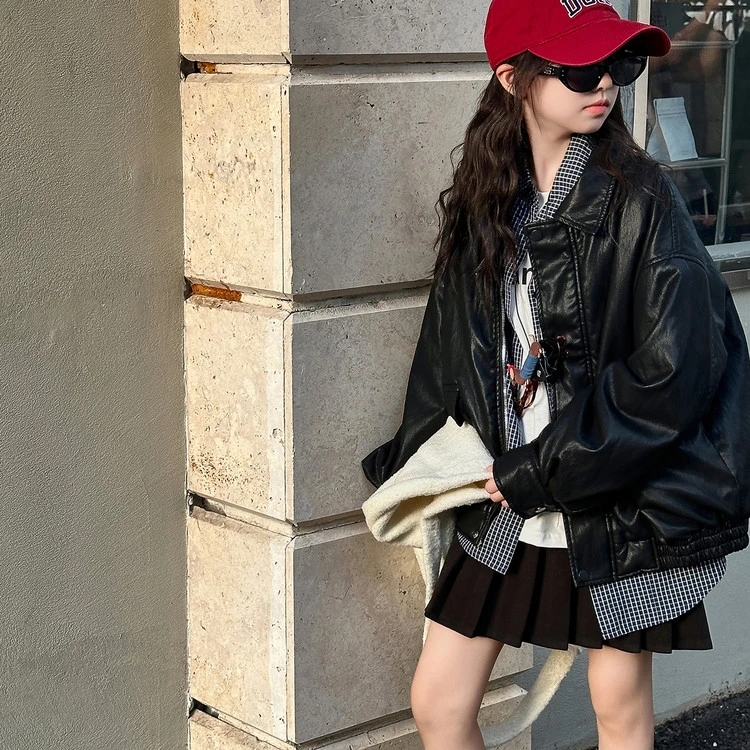 女童2025秋冬新款洋气休闲加绒翻领皮衣6-12岁15岁中大童夹克外套