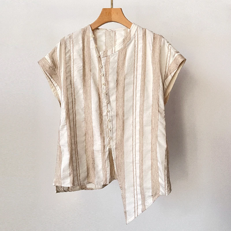 界内界外新中式斜襟棉麻条纹不对称短袖宽松衬衫上衣J52C2139-1