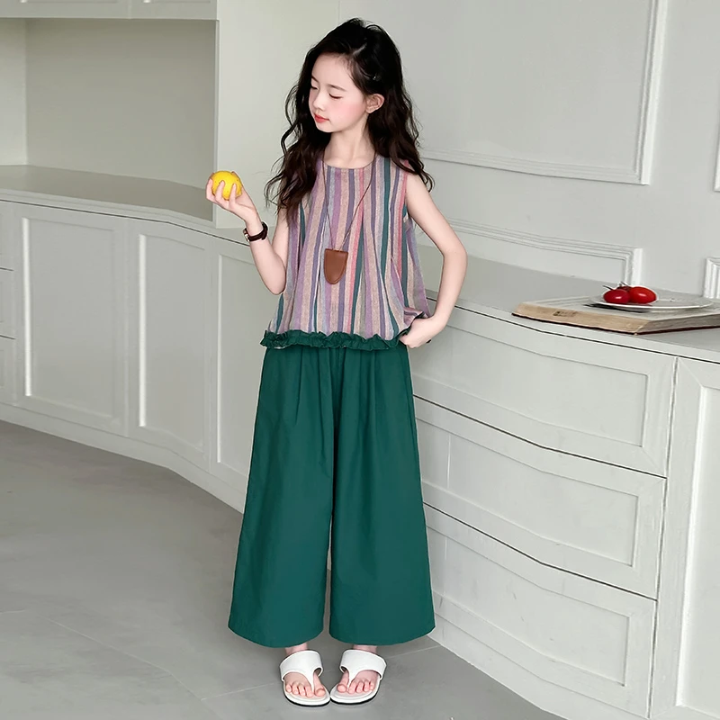 童装女童夏季休闲套装2025新款洋气薄款女孩夏装无袖阔腿裤两件套