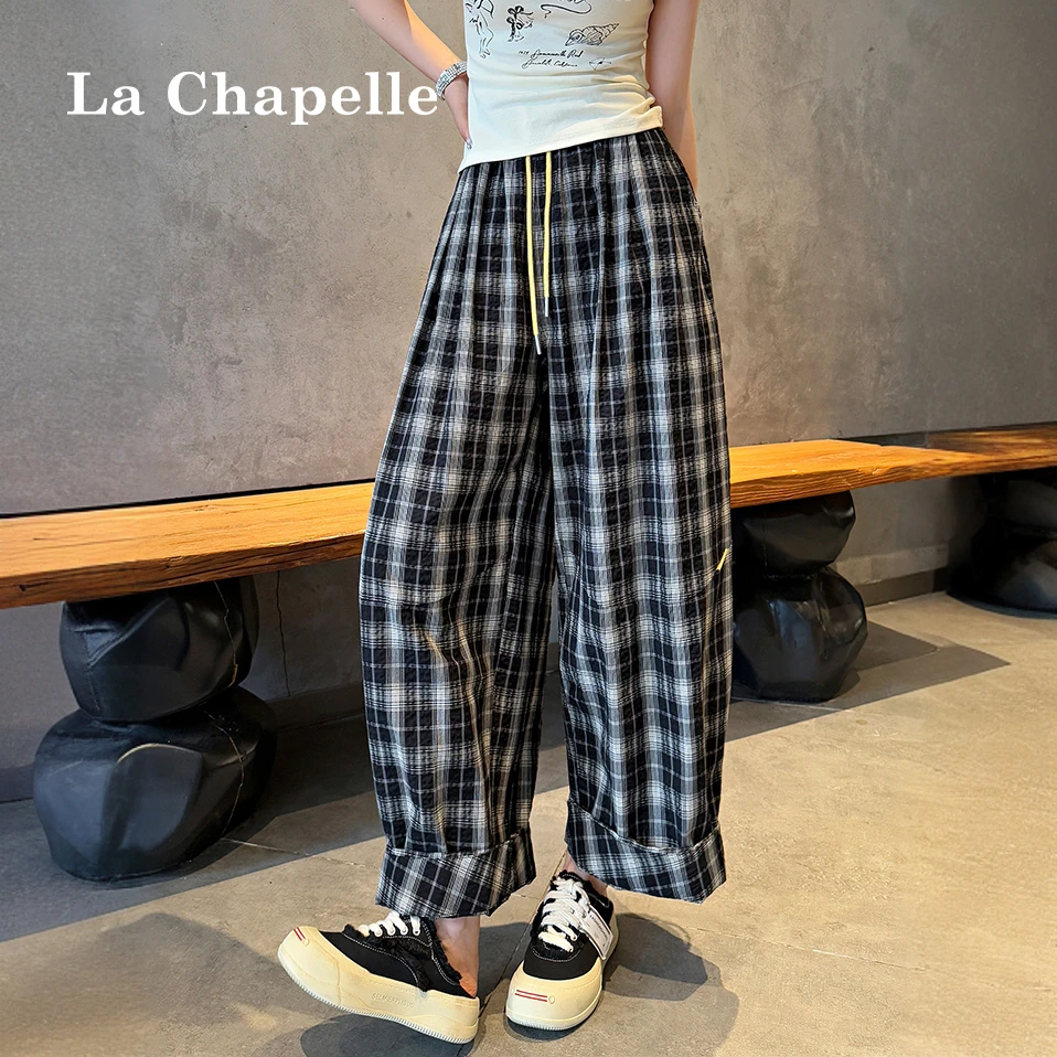 拉夏贝尔复古格纹弯刀裤女2025夏季薄款宽松阔腿休闲裤小个子裤子
