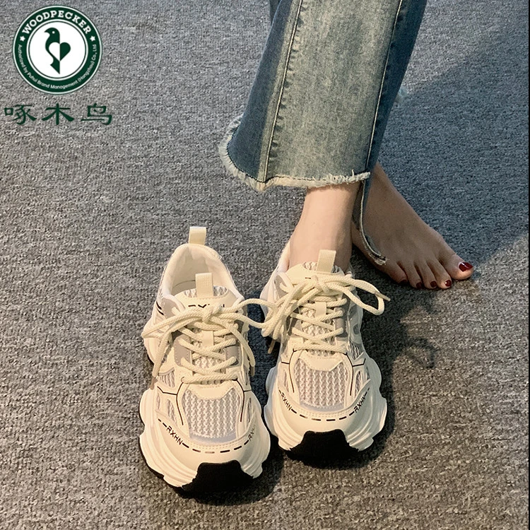 啄木鸟厚底老爹鞋女2025春季新款增高小白鞋子加绒轻便运动休闲鞋