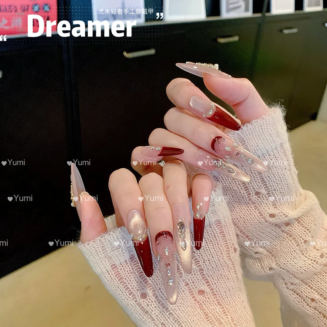 【丝绒布朗尼】复古风爆闪追光猫眼酒红色法式锆石贴钻手工穿戴甲