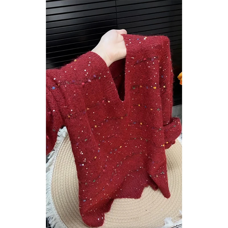 韩系温柔风彩色亮片针织毛衣女秋冬季大码胖MM高级感显瘦内搭上衣