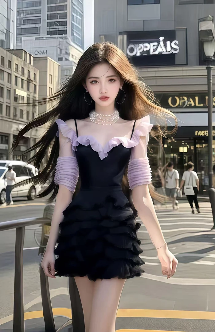 2025夏季新款桃心领吊带短袖时尚收腰小众轻奢优雅氛围感连衣裙女