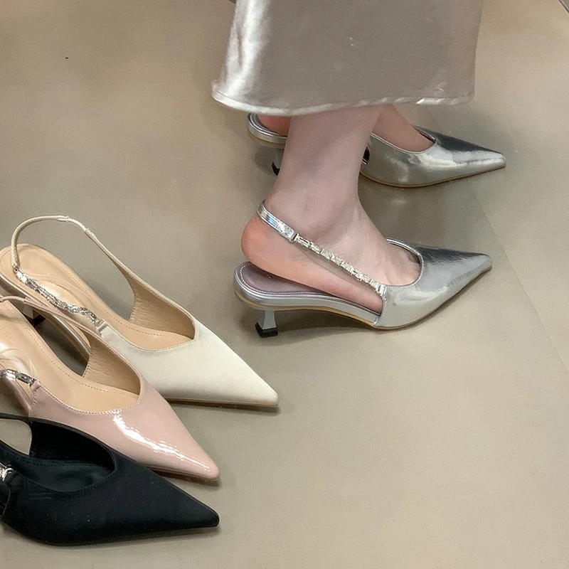 时尚高跟鞋细跟气质百搭通勤尖头后空包头凉鞋女后绊带水钻凉鞋
