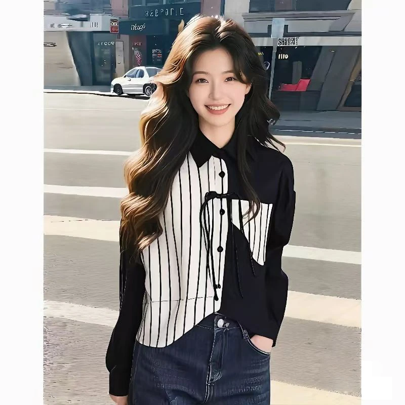 香朵儿竖线条纹撞色拼接国风上衣2025春秋季新款流行时尚女装衬衫
