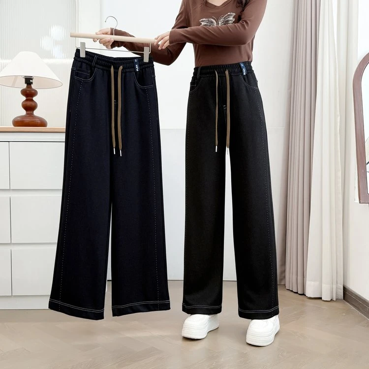 秋季新款弹力牛仔阔腿裤女中老年女裤高腰垂感洋气中年直筒妈妈裤