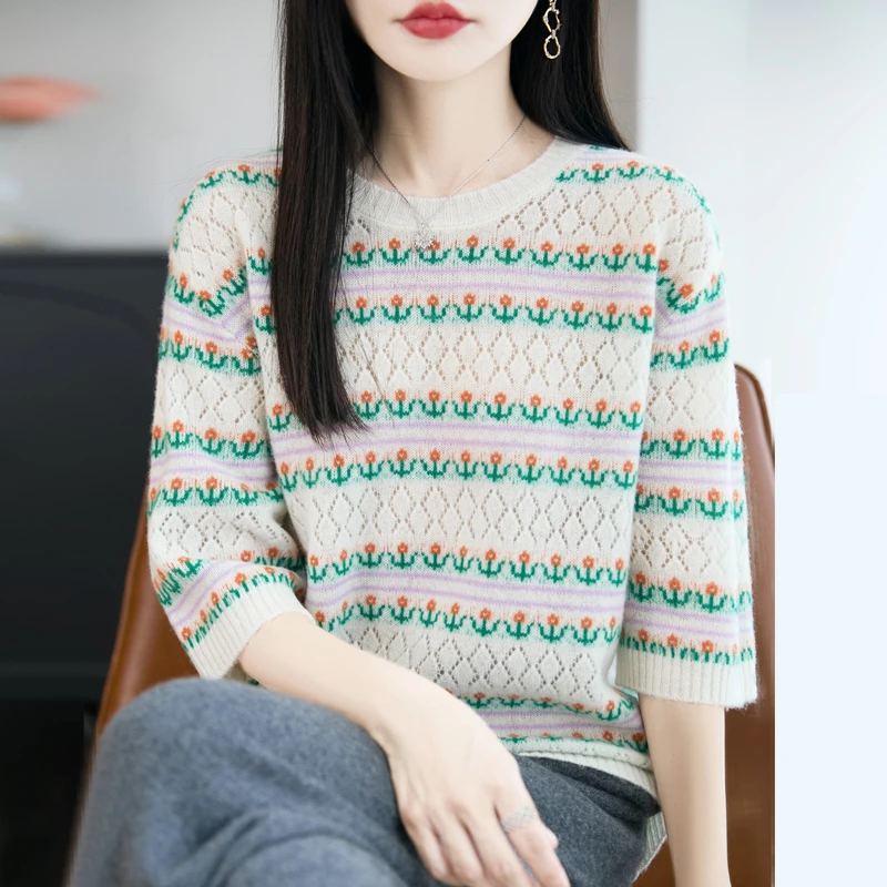 哥弟阿玛施正品圆领镂空提花羊毛针织衫2025秋季时尚中袖打底衫