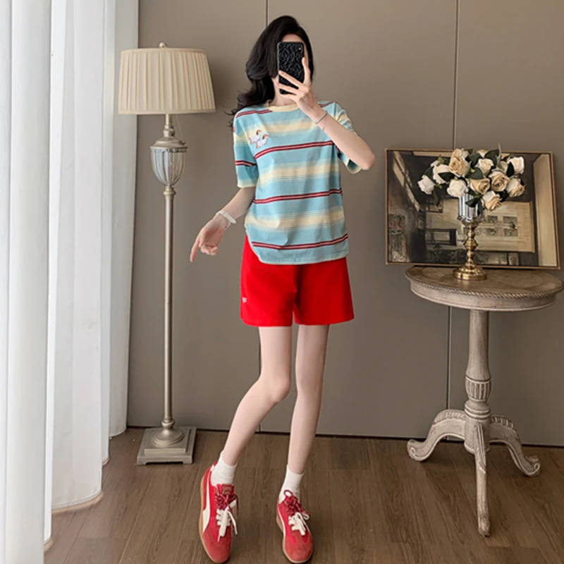 短袖套装女两件套夏运动短裤时尚休闲夏季宽松条纹显瘦百搭减龄