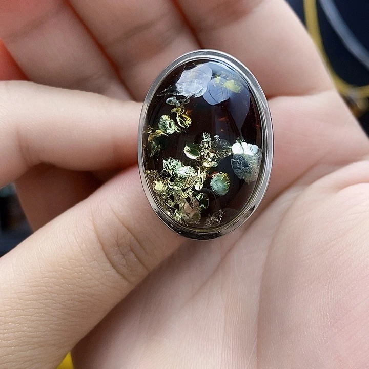 银S925镶嵌琥珀裸石戒指