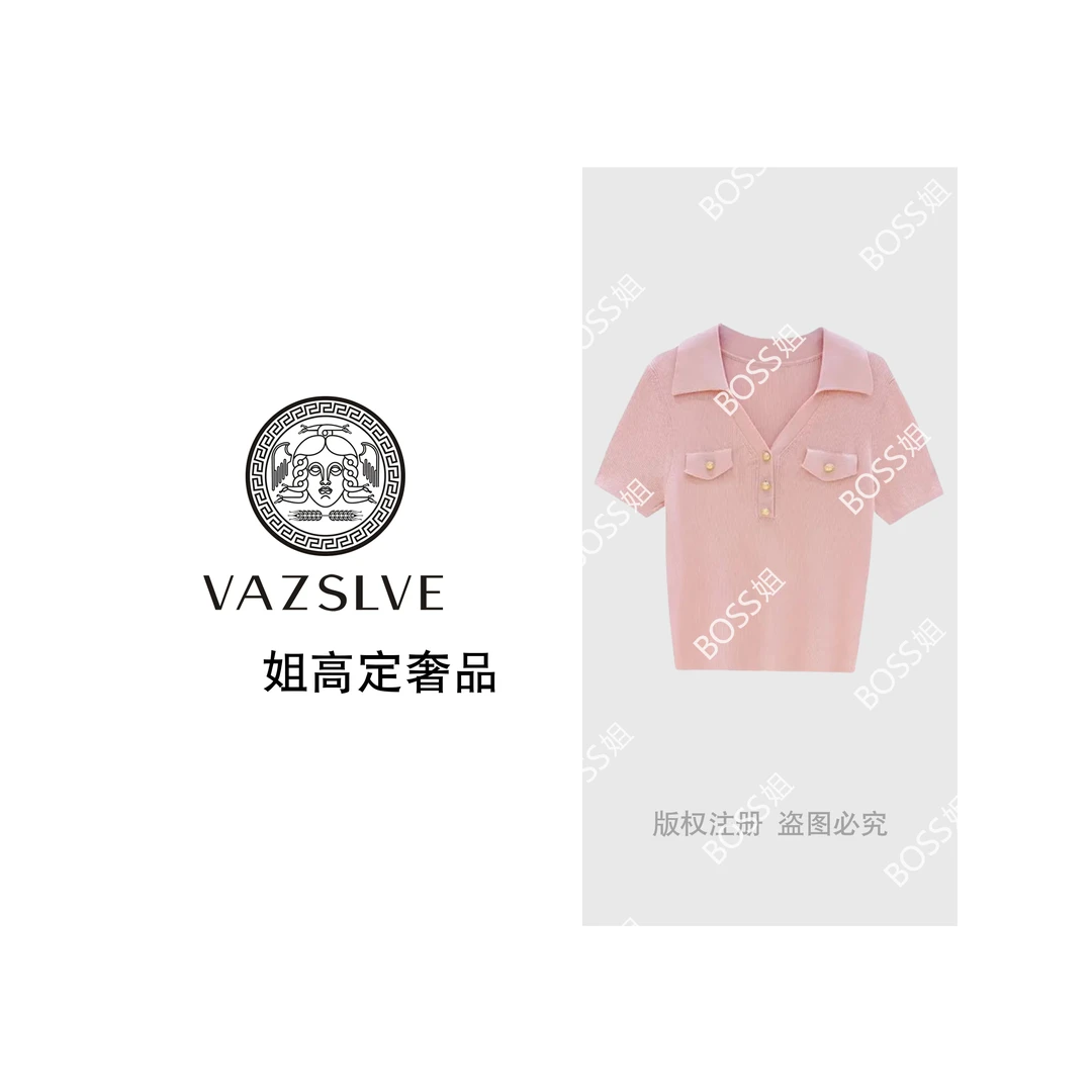 【VAZSLVE/原创设计】韩版百搭修身显瘦女时尚翻领小香风针织短袖夏