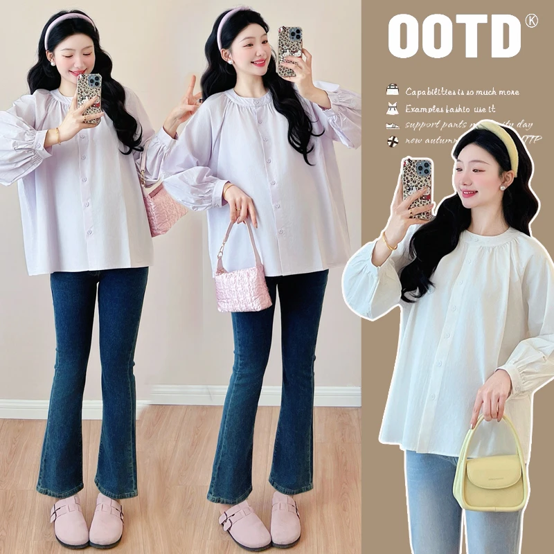 2025孕妇春装新款时尚圆领百搭灯笼袖上衣宽松休闲可哺乳纯色衬衫