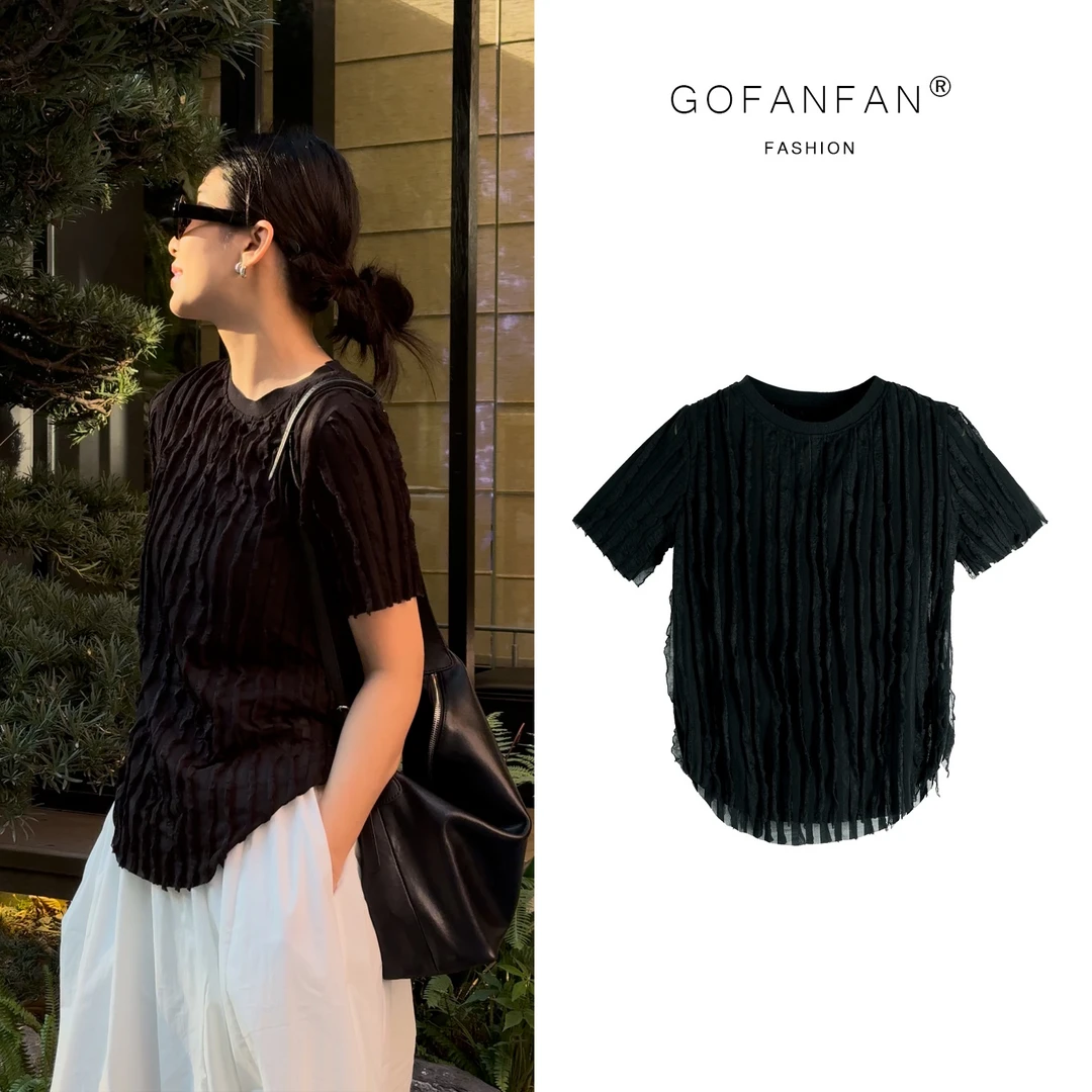 GFFSTUFIO【梵光织迹】夏季气质不规则短袖T恤洋气财阀千金衣服女