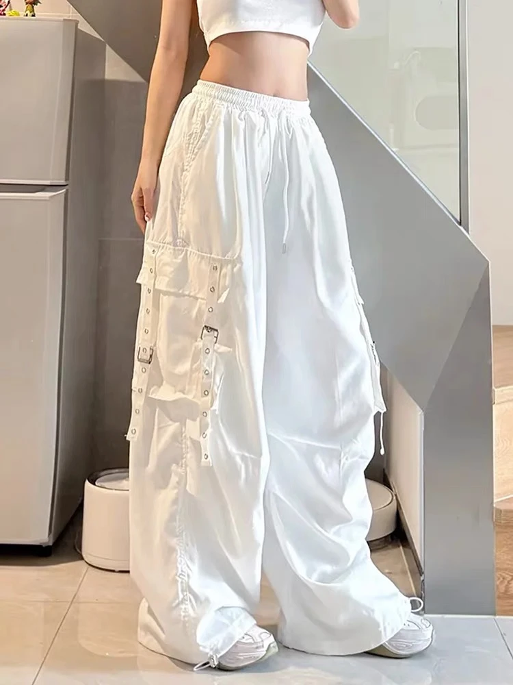 美式嘻哈街舞白色工装裤女夏季褶皱设计感多口袋阔腿拖地裤休闲裤