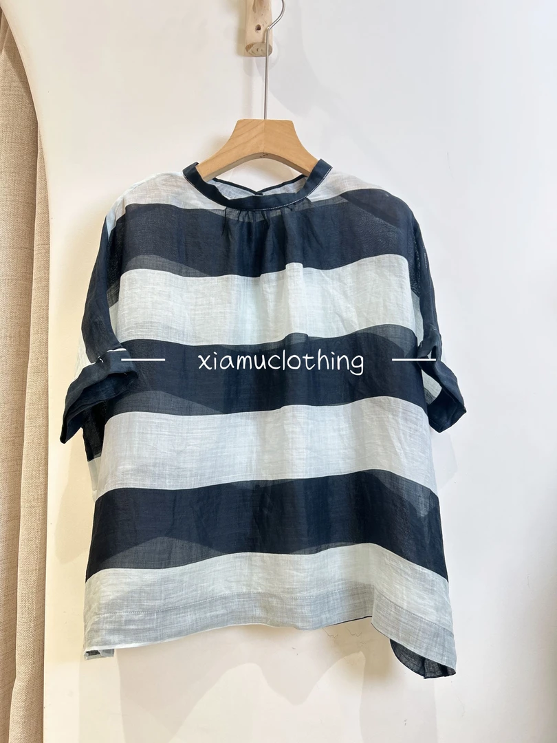 夏沐家亚麻条纹系扣休闲宽松衬衣241135