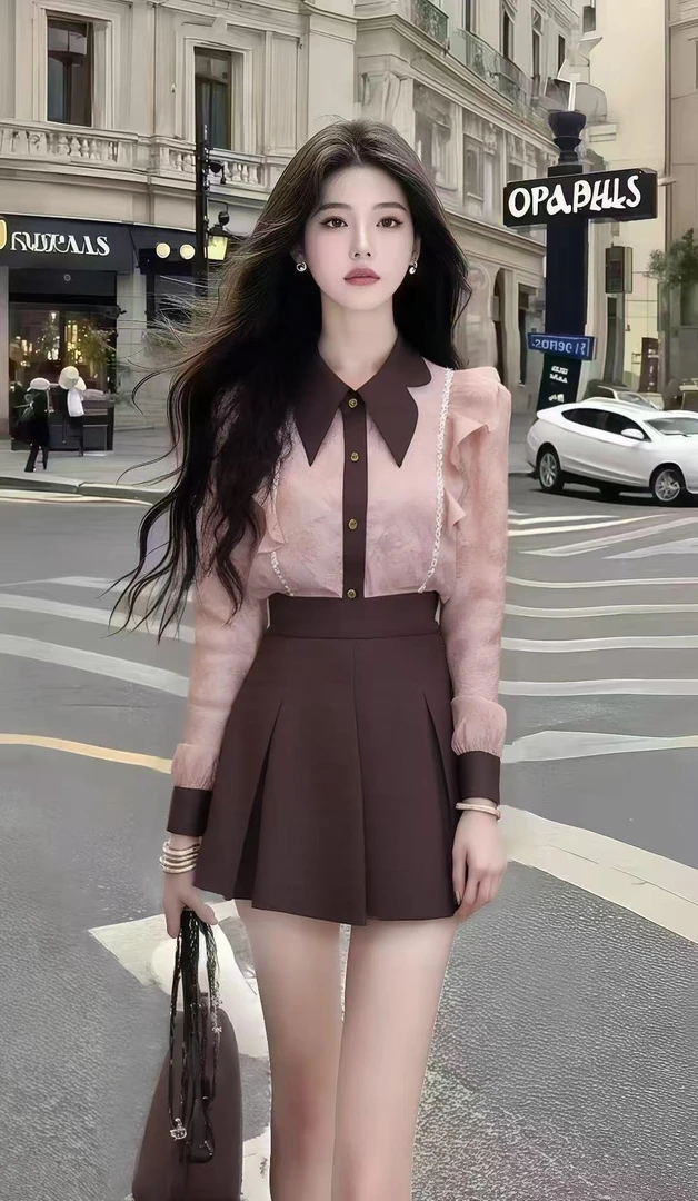 时尚新款轻熟风粉色长袖翻领单排扣上衣+咖色高腰半身裙女两件套