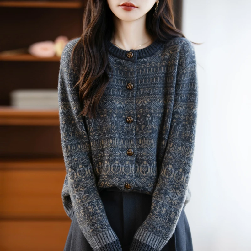 哥弟阿玛施正品法式复古提花羊毛针织开衫女外套秋冬加厚保暖上衣