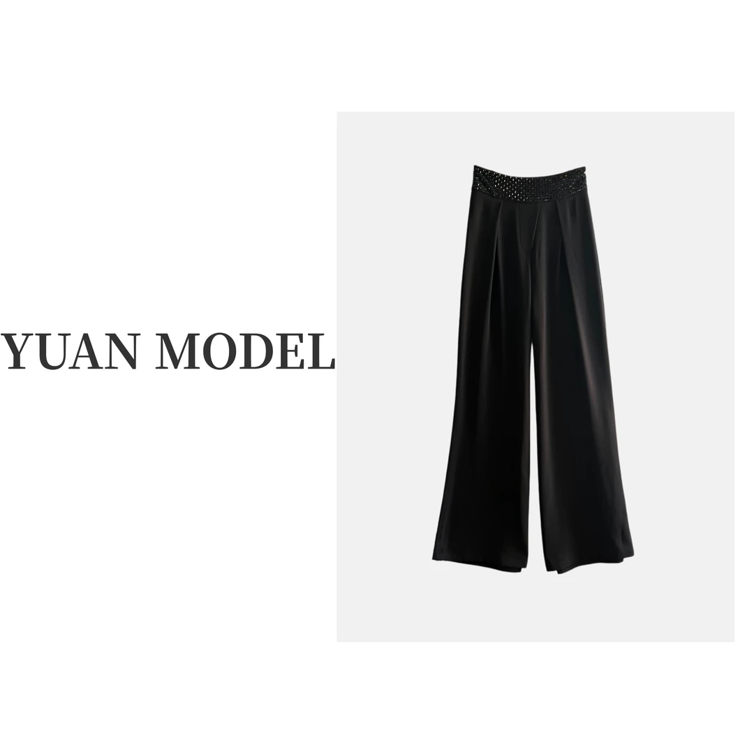 【YUAN MODEL】媛老板-2025春装时尚裤腰钉珠休闲裤阔腿裤 031260