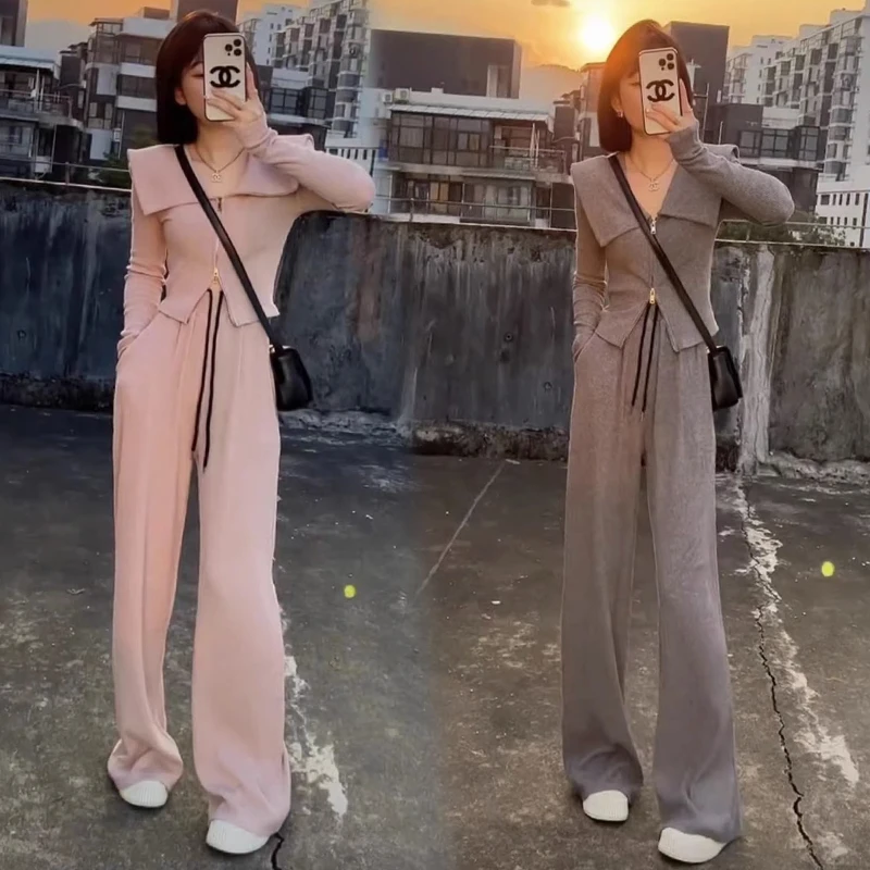 2026年春秋新款高级感休闲运动服套装女短款上衣阔腿长裤两件套
