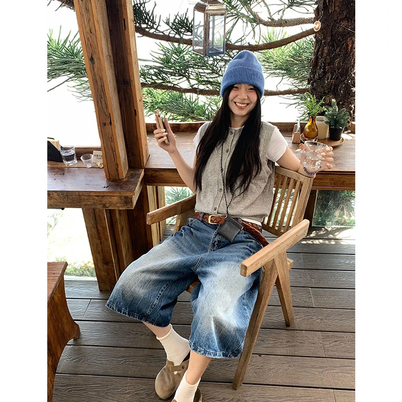 【免费试穿】美式复古闪电纹七分牛仔裤女夏季过膝中裤水洗短裤