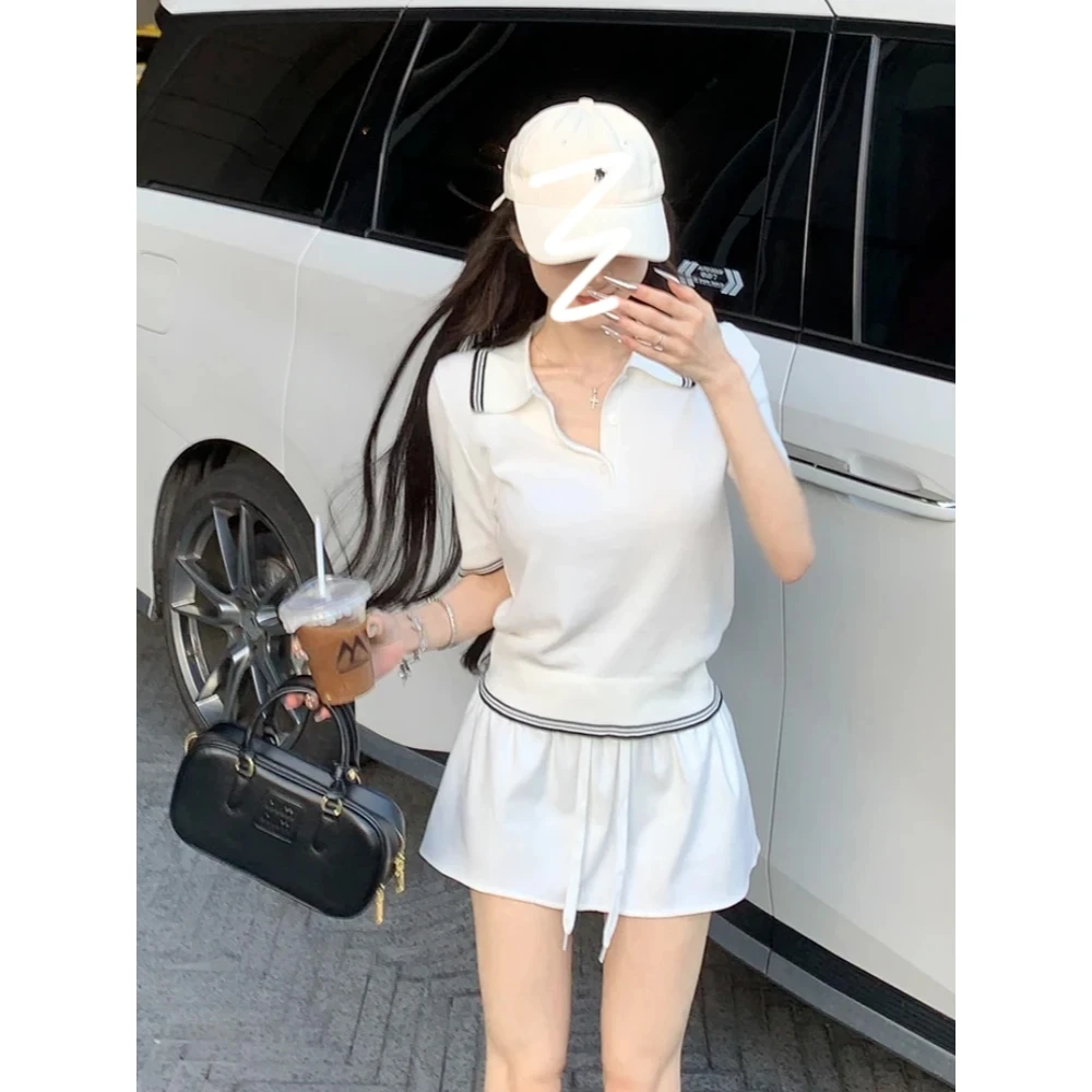 韩系百搭设计感运动复古Polo衫女夏季针织翻领学院风短款套头上衣